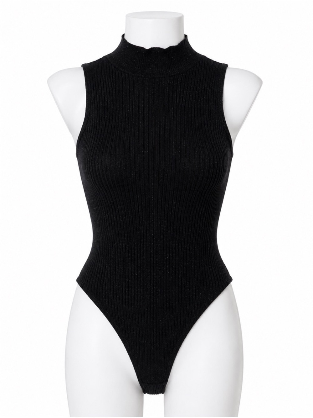 Women's Black Ribbed High-Neck Bodysuit
